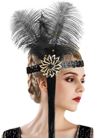 1920s Feder Flapper Haarreif Feder Stirnband Cocktail Party Karneval Kostüm Haarschmuck Frauen Damen Retro Feder Fascinator Haarband Accessoires Festival Party Halloween Accessoires (Black, One Size)