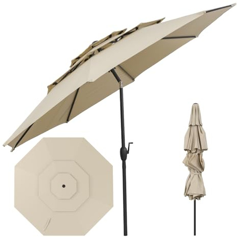 SPOTRAVEL 3M Tilting Garden Parasol Umbrella for Sun Protection, 3 Tier Patio Outdoor Waterproof Heavy Duty Sun Shade Umbrella with Tilt & Crank (Beige)