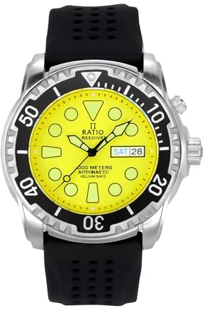 RATIO FreeDiver Helium-Safe Dive Watch Sapphire Crystal Automatic Diver Watch 1000M Water Resistant Diving Watch for Men (Yellow)