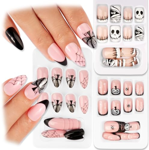 BOOMTOP 72 Uñas Postizas Halloween, Uñas Cortas Mujer Niñas de Halloween con Pegamento, Uñas Falsas Cuadradas/Ovaladas en Diseño de Calabaza Telaraña Calavera, 12 Tamaños