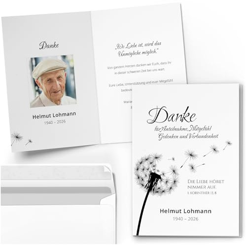 10 personalisierte Trauer Danksagungen Dankeskarten mit Text und Foto | Individuell anpassbare Trauerkarten mit Briefumschlägen | Karten Pusteblume