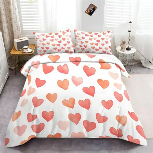 Copripiumino Semplice Cuore Acquerello 260 cm x 220 cm Arancione Bianco, Set Di Biancheria Da Letto Stampato 3 Pezzi Con Chiusura A Cerniera, Comodo Copripiumino In Microfibra Con 2 Federe