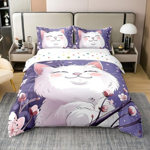 Loussiesd Nette Katze Druck 100% Baumwolle Bettwäsche Set 135x200cm Floral Tier Katze gedruckt Betten Set für Cartoon Katze Bettbezug Set