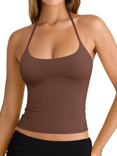 REORIA Women's Summer Sexy Halter Backless Double Lined Tank Top Going Out Y2k Trendy Sleeveless Camisole Crop Tops for Women 2025 Fashion Coffee Small