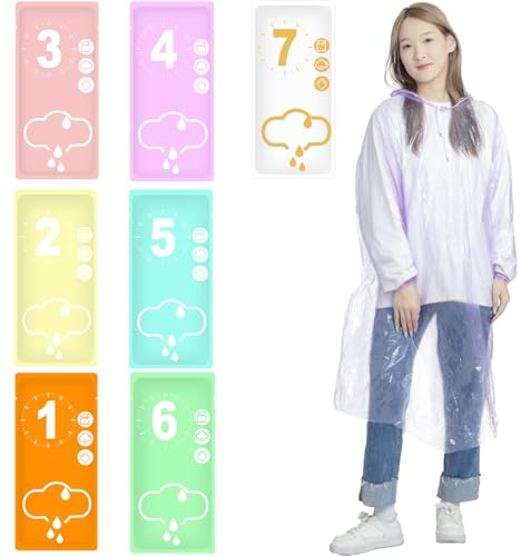 WUBAYI 7 Pack Adult Disposable Rain Poncho Heavy-Duty PE Material, Adjustable Drawstring Hood & Elastic Sleeves, Waterproof Emergency Reusable Plastic Ponchos for Travel, Camping, Hiking, Festivals