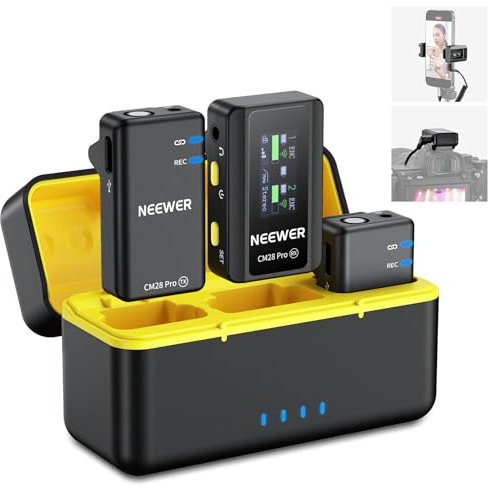 NEEWER CM28 Pro Micrófono Solapa Lavalier Inalámbrico con Estuche Carga 48KHz Audio Sin Comprimir 16 bits Cancelar Ruido Almacenar 4GB Grabación 9 Horas Compatible con iPhone iPad Android Cámara PC