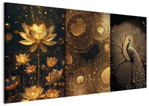 murando - Tableau triptyque mural Ensemble 180x90 cm (3 pièces de 60x90 cm chacune) – Impression sur toile avec cadre pour salon et - Le monde enchanté de l'Orient - Paon et nénuphars b-C-10465-b-a