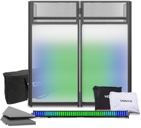 VONYX DB4 Portable Mobile DJ Booth Stand with Corner Shelves, Lycra Screens & Beamz LCB144 MK2 LED Light Bar, Professional Foldable DJ Stand for Events & Easy Transport