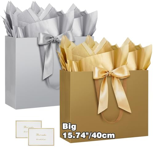 HONTIUS Bolsa de regalo extragrande, 2 bolsas de regalo verticales de 15.75 pulgadas para regalos, bolsa de papel grande con papel de seda y tarjetas, 40 x 30 x 12.5 cm, regalo de boda, fiesta de