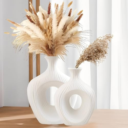 Auciej Keramik Vase Weiß Matt Rund Deko Vasen Set 2er Moderne Boho Blumenvase für tulpen pampasgras passend für Wohnzimmer Schlafzimmer Büro Hochzeit Party Tischdeko (Höhe: groß: 23cm klein: 18cm)