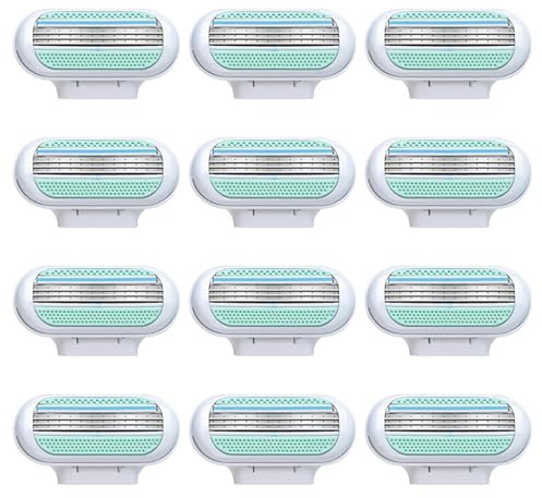 12 Stück Rasierklingen Damen, Ersatzklingen Damenrasierer Kompatibel mit Venus, Feuchtigkeitsstreifen Rasierklingen, Dreiklingenrasierer, Körperkonturenanpassung Lang anhaltende Schärfe Rasierer, Blau