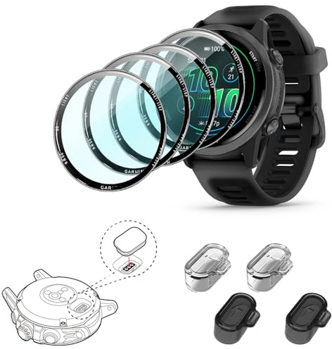 ISRcnst Compatible for Garmin Forerunner 570 42mm Screen Protector & Charge Dust Plug Kit Bubble-Free Shockproof TPU Protective Film [It's Not Glass](Not for 570-47mm) 4+4 Pack