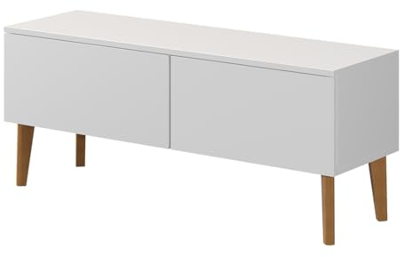 PAWS MEBLE Bergen RTV 120 2D Weiß – Skandinavisches TV-Lowboard 120 cm – Push-to-Open – Holzfüße – 2 Fronten nach unten öffnend