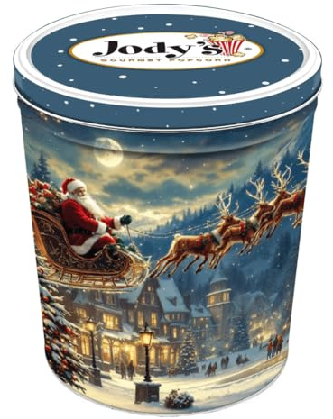 Jody's Gourmet Popcorn Santa’s Sleigh Tin – Christmas Popcorn Variety With Caramel Corn, Kettle Corn, Double Cheddar, Sea Salt – Festive Holiday Treats, Seasonal Snack Assortment, 3.5 Gallon Gift