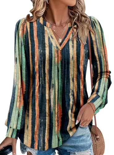 CHICZONE V Neck Long Sleeve Shirts for Women Fall Tops Dressy Casual Blouses Pleated Tunic Tops for Leggings
