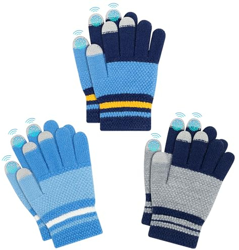 Kiiwah 3 Pares de Guantes Cálidos de Invierno para Niños, Térmico Elástico para Pantalla Táctil Guantes de Punto con Dedos Completos, para 7 a 9 años (Azul, Azul marino, Gris)