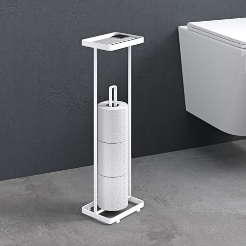doporro Porte-Papier Toilette Support Rouleaux Papier sur Pied Blanc Mat | Dérouleur Papier WC, Acier au Carbone, avec Plateau de Rangement, 52cm, Reglo-04