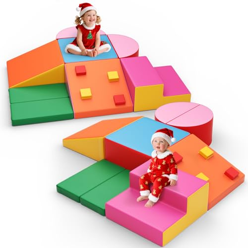 Brolteja Blocchi da costruzione in schiuma per bambini,torre da arrampicata morbida con scivolo,giocattoli Montessori,set da gioco morbido per bambini per uso interno (colorato-7)