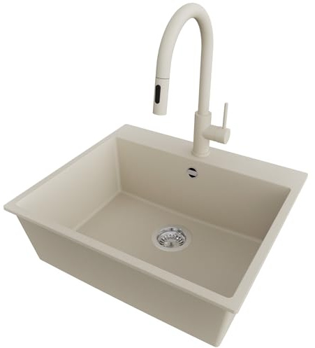 PRIMAGRAN Lavandino da Cucina al Mobile 60cm + Rubinetto, 58x50cm | Set: Rubinetto BW9010 + Kit di scarico (sifone, piletta, troppopieno) + Lavello in Granito a 1 Vasca - Riga, Beige