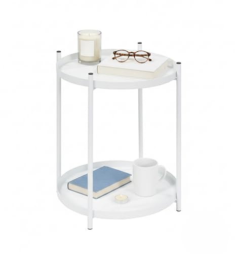 BRINDEK Mesita Auxiliar Redonda de Metal Blanco Mate con Bandeja extraíble | Diseño Minimalista y Moderno | Estructura Plegable Ligera | Mesa Decorativa salón Dormitorio 45,5x45,5x50 cm