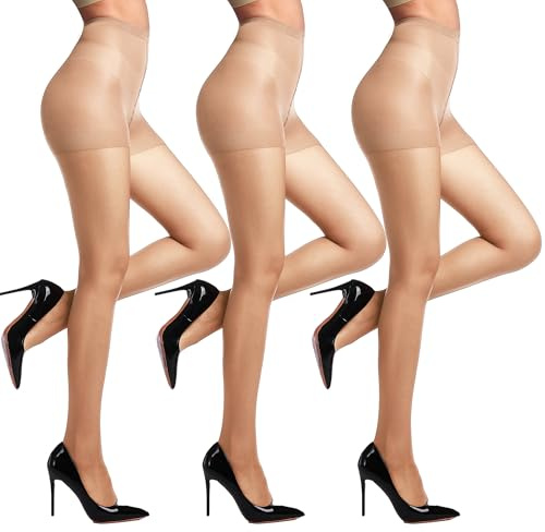 DIKER 3-Pack Tights for Women - 20 Denier Sheer Nude Tights with Reinforced Toes, High Waist & Extra Stretch for All-Day Comfortable Fit