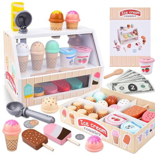 Gelateria Giocattolo per Bambini,Giocattolo per Gelato in Legno,Montessori Gioco di Ruolo Educativo Regalo per Bambini,Gelateria Giocattoli in Legno per Bambini da 3 4 5 6 Anni Ragazzi Ragazze