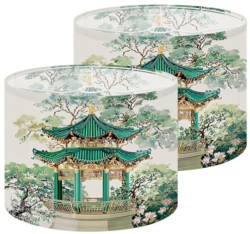 Lamp Shades Set of 2 Chinese Pavilion Green Roof Floral Drum Lampshades for Table Lamps Floor Lamps Pendant Light 13x13x10 Replacement Lamp Shade Easy Assembly