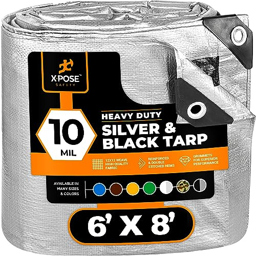 Heavy Duty Poly Tarp - 6' x 8' - 10 Mil Thick Waterproof, UV Blocking Protective Cover - Reversible Silver and Black - Laminated Coating - Rustproof Grommets - by Xpose Safety