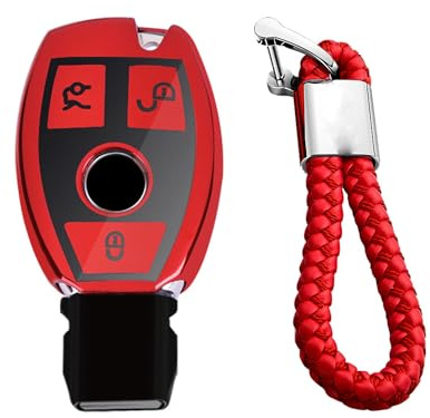 M.JVisun Doux TPU Clef Coque Porte-clés pour Mercedes-Benz Classe A B Classe C E S G M V CLA CLS GLA GLC GLE GLK GL GLS SL SLK SLC Viano Pour Metris Clé de Voiture - Brillant Rouge - Tressé Porte-clés