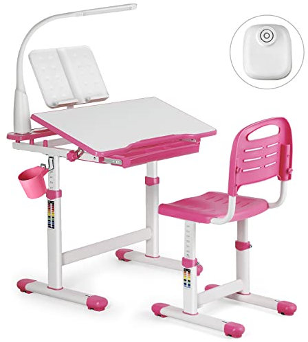 JOYLDIAS Kinderschreibtisch höhenverstellbar, Schülerschreibtisch Jugendschreibtisch mit Lampe, Schreibtisch Kinder mit Stuhl und Schublade inkl. kostenloser Kleineimer/Rosa