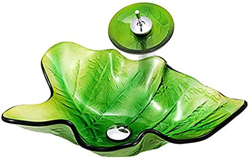 XYEJL Above Counter Basin of Tempered Glass Wash Basin/Creative Leaf Art/Bathroom Vessel Sink Set/with Waterfall Faucet and Drain Fittings,Green
