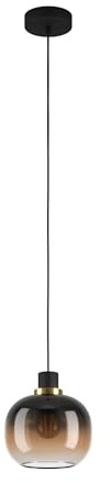 EGLO Hängelampe Oilella, 1-flammige Pendelleuchte Rauchglas über Esstisch | Deckenlampe hängend aus Metall mit Glas-Kugel in Schwarz-Braun mit Messing, Kugellampe mit E27 Fassung, Ø 19 cm