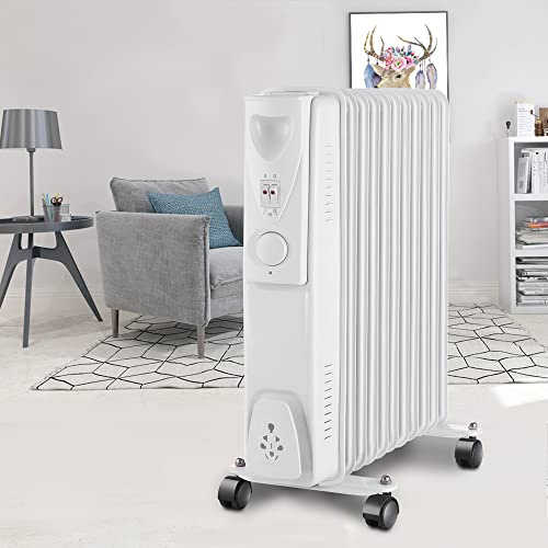 NRG 2.5KW Oil Filled Radiator 11 Fins Portable Electric Heater White | Adjustable Thermostat, with 3 Power Settings, Tip-Over Protection