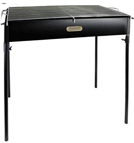 Algon | Barbacoa de Hierro Artesanal con Ruedas Parrilla Zincada Rectangular para Carbón y Leña | Barbacoa Ajustable en 5 Niveles Protector de Viento y Superficie Lateral de Madera (80x42 cm)