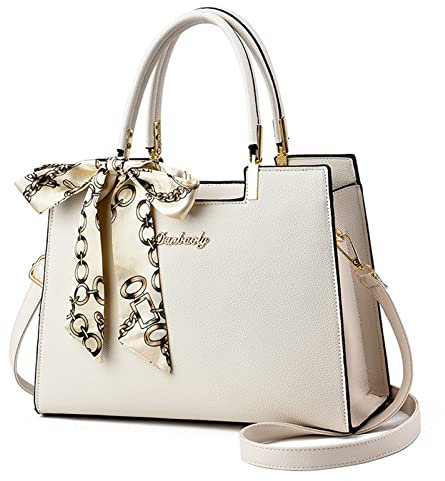 FANDARE Damen Handtasche Große Henkeltaschen Elegante Schultertasche Umhängetaschen PU-Leder Tote Beutel mit Quaste für Arbeit Schule Shopper Reise Weiß