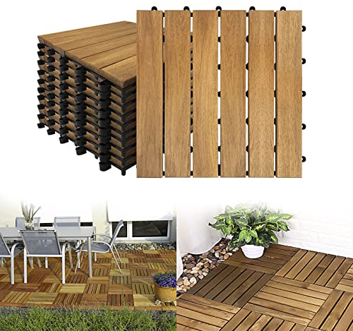 YRHome 4m² Akazienholz Holzfliesen Bodenfliese Balkon 30x30cm Balkonfliesen Terrassenfliese Klickfliese Klicksystem Bodenbelag Drainage für Terrassen Balkon Garten (Typ A, 44 Stück | 4m²)