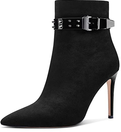 Aachcol Mujer Remache Botines Aguja Alto High Heel Puntiaguada Punta Cremallera Clásico 10 CM Negro Ante 43 EU