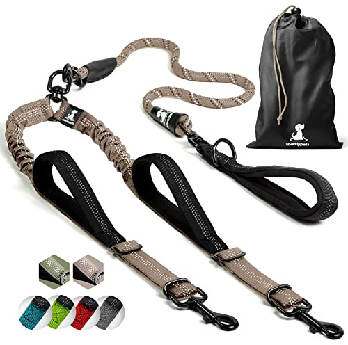 SparklyPets - Double Dog Bungee Rope Leash - Dual Dog Lead for Medium and Large Breeds - Padded Handles, No Tangle - Flow Leash, 2 Dogs Walking Accessory