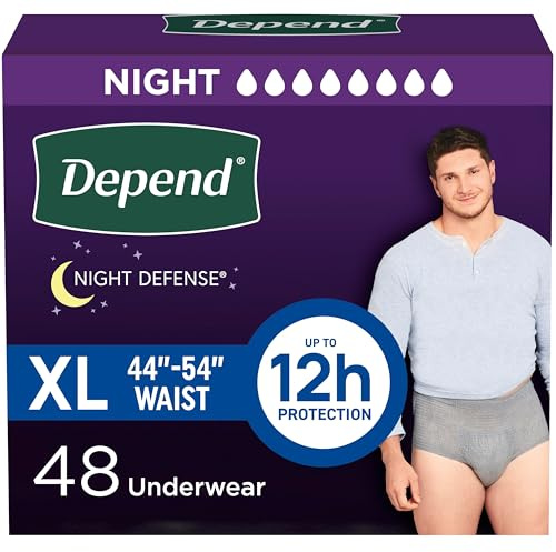 Depend Night Defense Adult Diapers, Incontinence Underwear for Men, Disposable, Overnight, Extra-Large, Grey, 48 Count (4 Packs of 12), Packaging May Vary