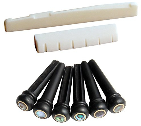 Bahderaus 6 Saiten Akustikgitarren Bone Bridge Sattel und und 6 Ebenholz Gitarren Bridge Pins + Schwarz