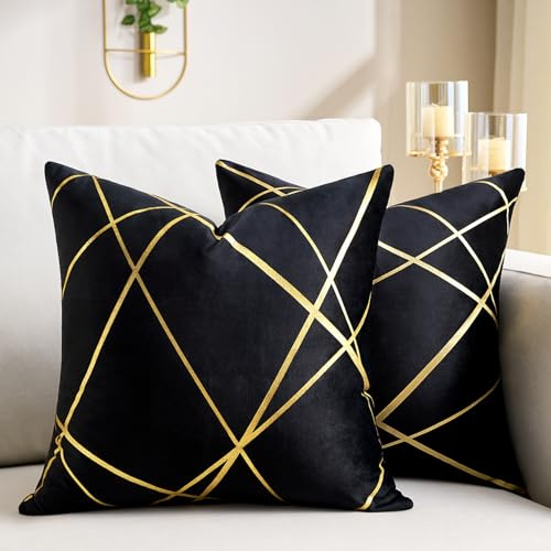 Groß Schwarz Samt Kissenbezüge 50x50CM 2er Set Golden Geometrie Dekokissen Kissenhülle Sofakissen Couchkissen Dekorative Kissen Kissenbezüge Moderne Zierkissen Bezug für Schlafzimmer Sofa Bett