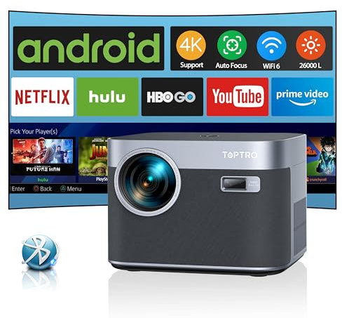 【Auto Focus/Keystone】 Vidéoprojecteur 4K 35000 Lumens Android TV WiFi 6 Bluetooth, TOPTRO Projecteur 4K 1080P FHD, RétroProjecteur Scellé Anti-Poussière Home Cinéma/Extérieur pour Phone/TV Stick/PS5