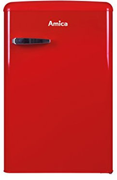Amica KSR 361 160 R Kühlschrank mit Gefrierfach/Chili Red (Rot) / 88cm Höhe/Retro-Design/LED-Beleuchtung/Gemüseschublade