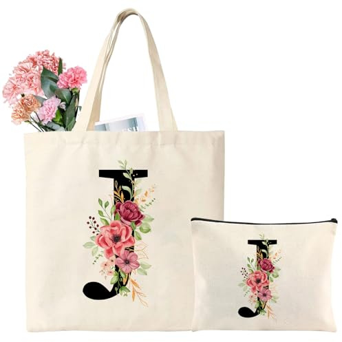 Initialen Einkaufstasche Baumwolltasche mit Buchstaben Canvas Tote Bag Initial Tragetasche und Kosmetiktasche Geschenk für Frauen Freundin Brautjungfer zum Geburtstag, Muttertag, Hochzeit (J)