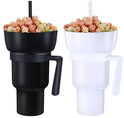 Baderke 2 vasos de estadio de 32 onzas con cuenco para aperitivos, taza de viaje 2 en 1 con cuenco para aperitivos, a prueba de fugas, portátil, reutilizable, con cuenco en la parte superior y popote