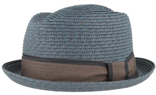 Breiter Cappello di paglia Trilby, cappello estivo Pork Pie, cappello da sole 100% carta stropicciabile, set colorato delicato sulla pelle e confortevole, Blu alla moda, XL