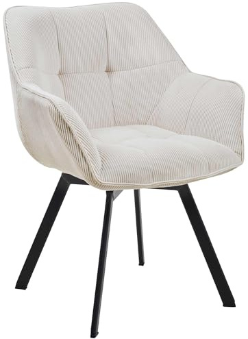 CLP Esszimmerstuhl ergonomisch Jordi Cord, drehbar mit Armlehnen, Polstersessel, 4-Fuß-Metallgestell, bis 150 kg, mit Bodenschonern | Farbe Creme