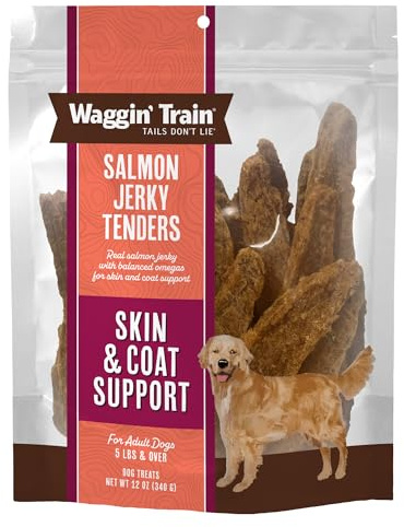Waggin' Train Salmon Jerky Dog Treats for Skin and Coat Support, Made with 100% Real Salmon, No Grains and No Artificial Flavors or Colors, High Protein Dog Treat, Easily Digestible, 12 oz. Pouch