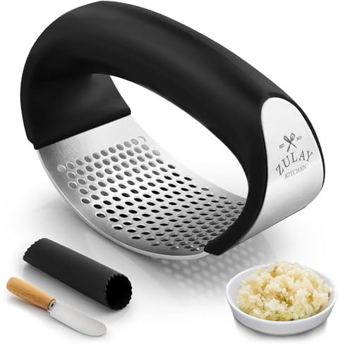 Zulay Kitchen Stainless Steel Garlic Press Rocker Set - Premium Garlic Mincer Garlic Crusher - New Innovative Garlic Crusher with Peeler and Scraper - Comfortable Grip (Black)
