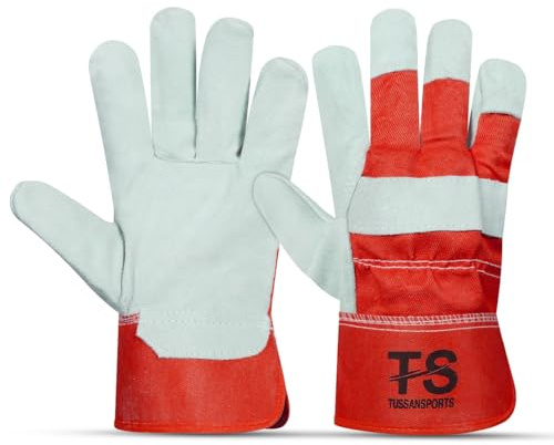 Tussan Sports Split Leather Work Gloves, Heavy Duty Thorn Proof Gardening Gloves for Digging, Weeding, Planting and Construction Working Pruning & Rigger Tasks (Red, Pair of 1)